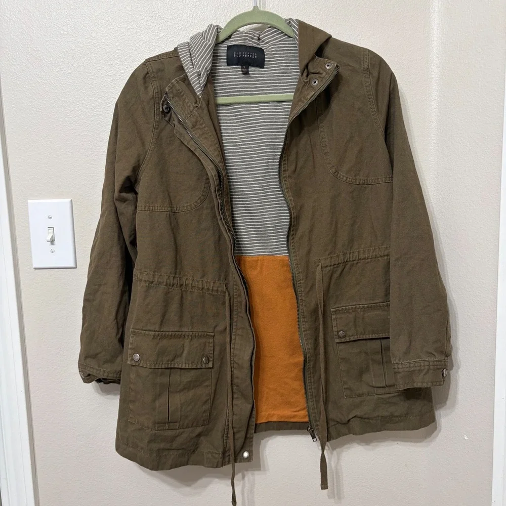 Blu Pepper Womens Olive Green Utility Anorak Hooded Jacket Small Striped Lining
